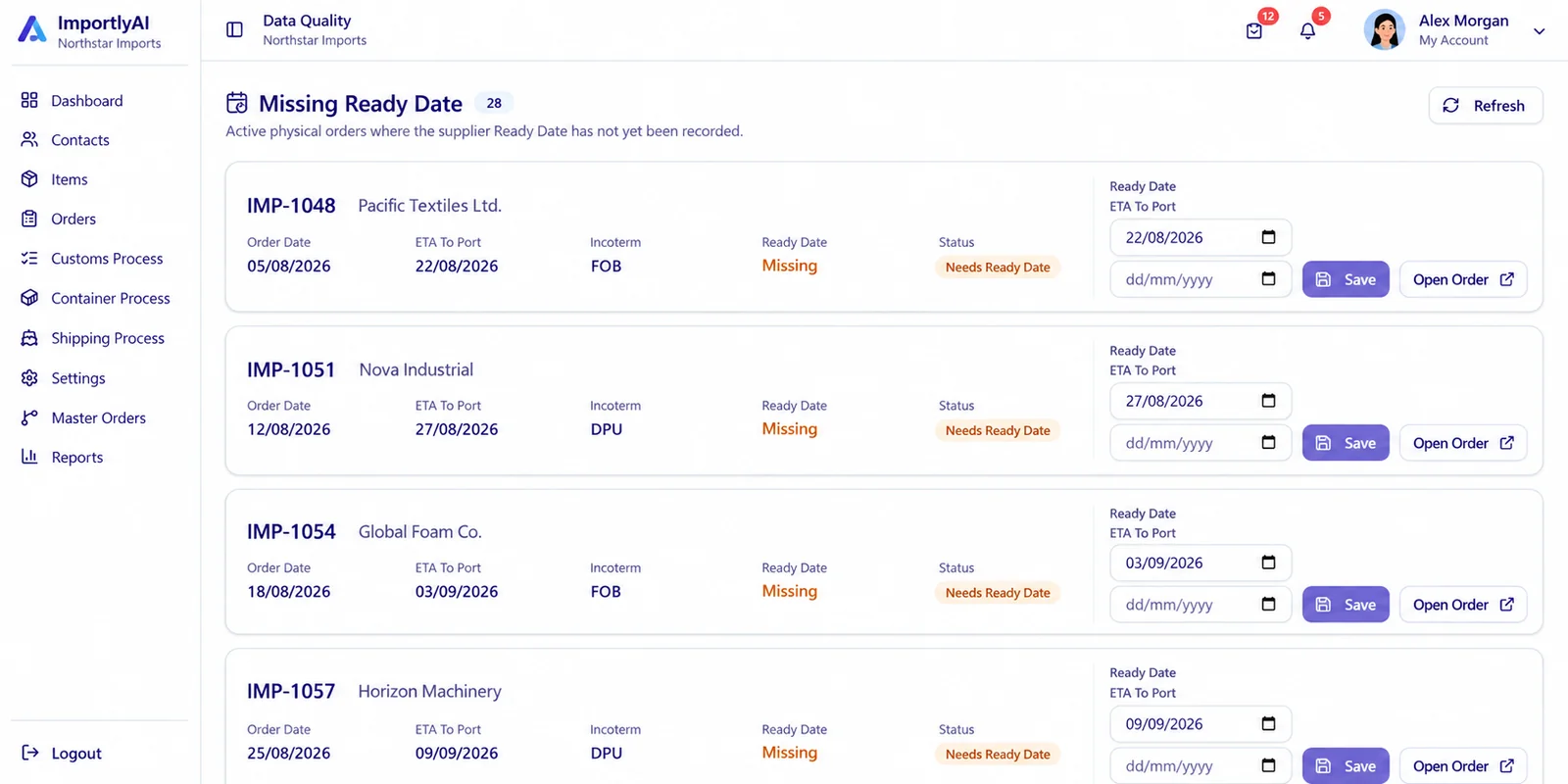 ImportlyAI data quality screen highlighting import records that require attention