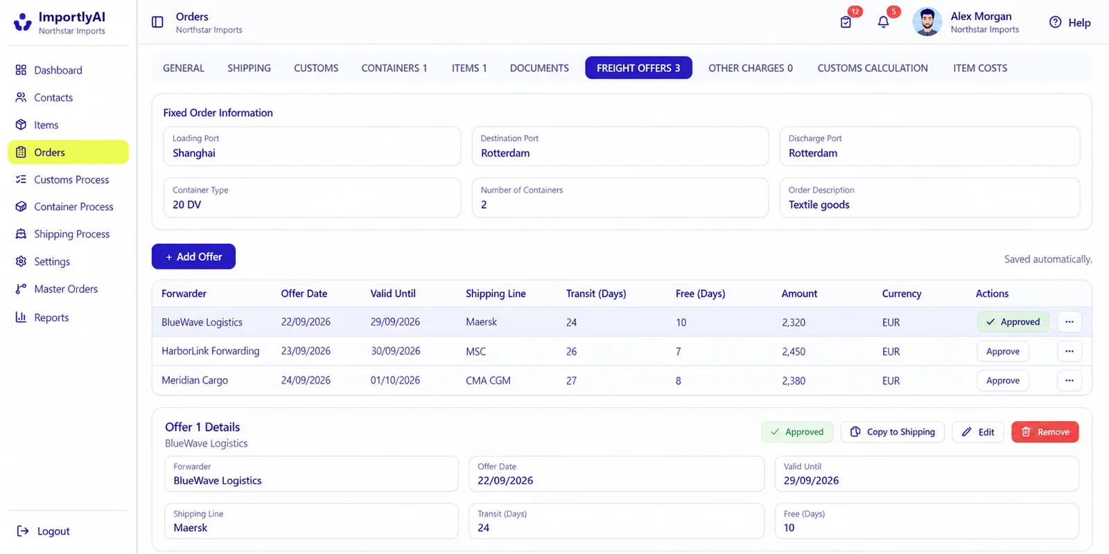 ImportlyAI freight offers screen showing multiple shipping quotations connected to an import order