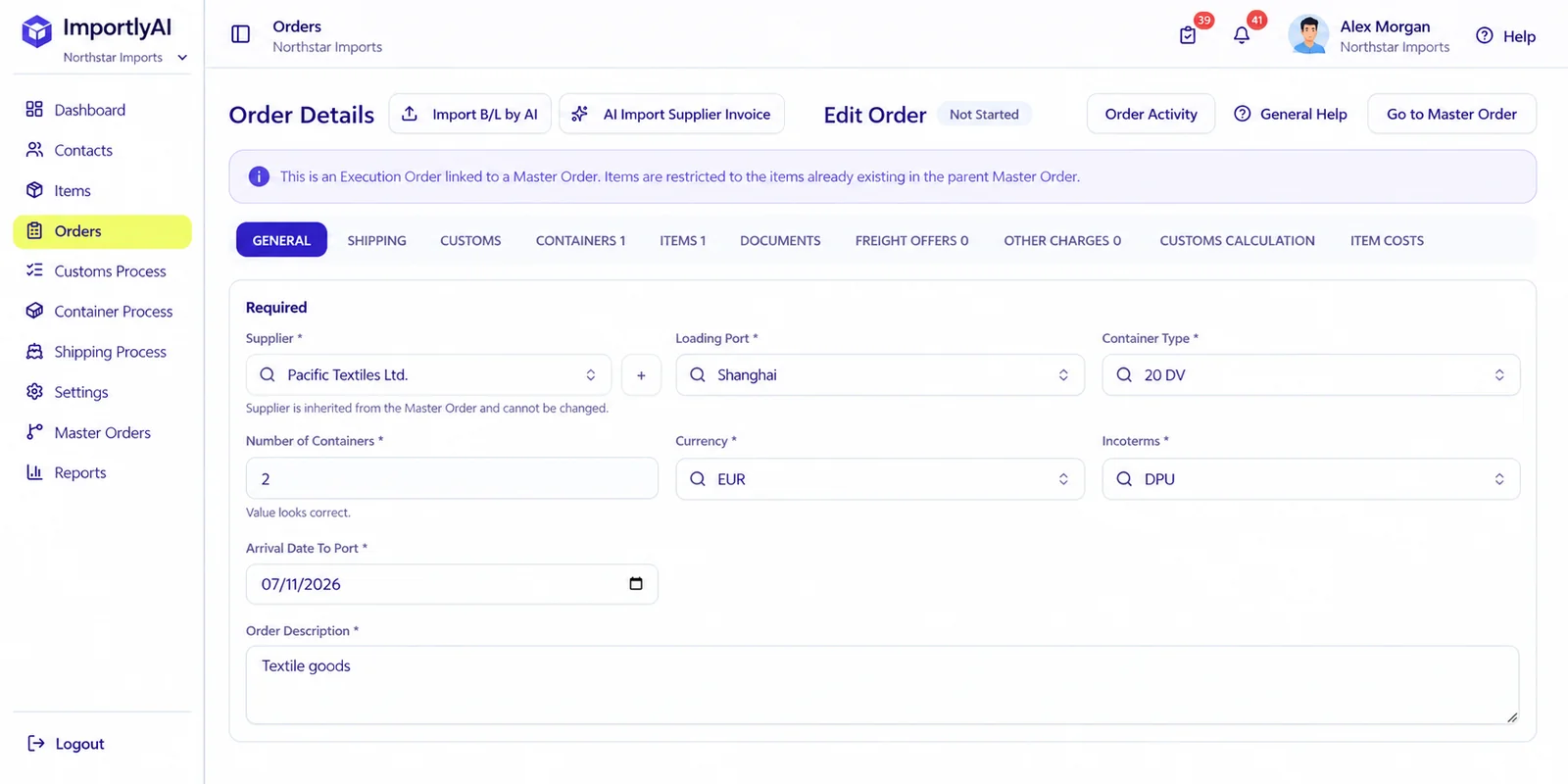 ImportlyAI order details showing connected supplier, item, shipping, customs, container and document information